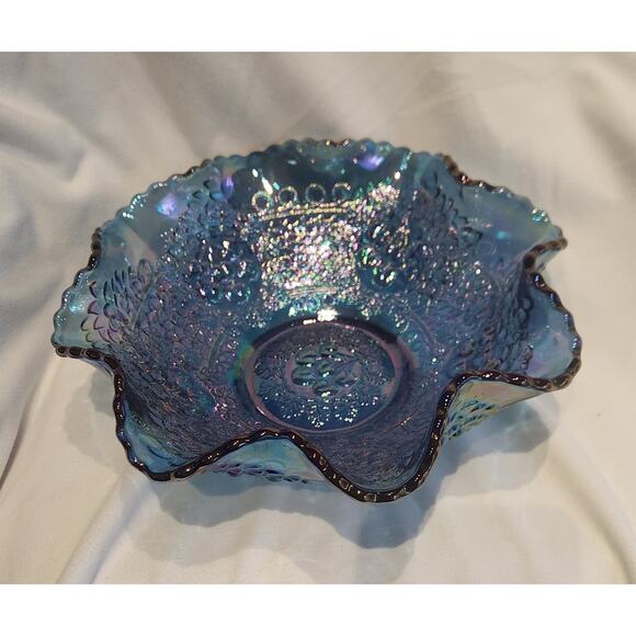 Fenton Cherry Chain Cobalt Blue Amethyst Glass Bowl” Ruffled Bowl Vintage - Picture 1 of 4